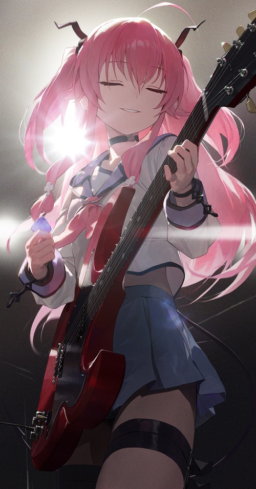 Yui from Angel Beats! playing a red electric guitar