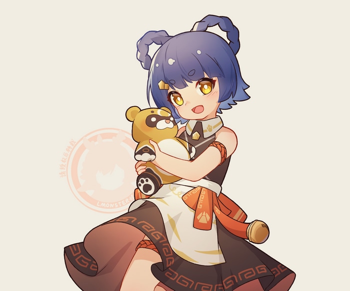 Xiangling holding Guoba from Genshin Impact
