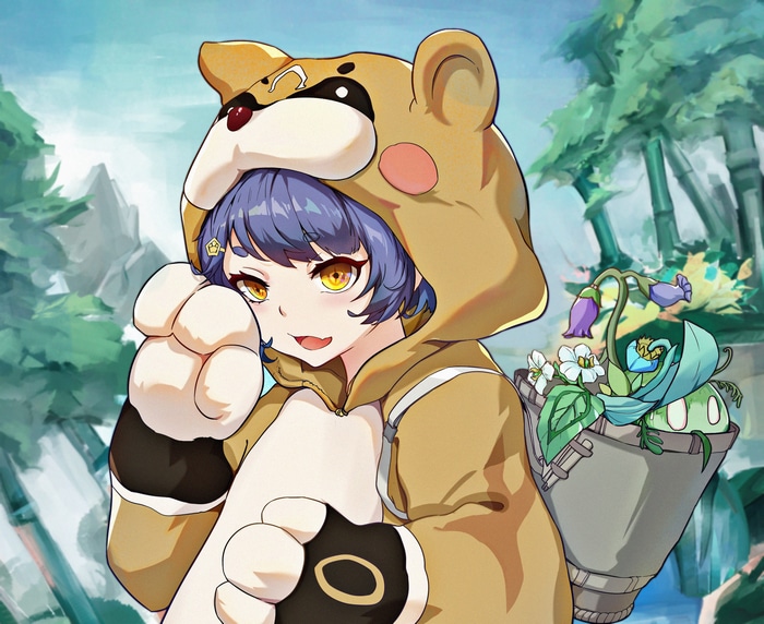 Xiangling in a bear costume with Guoba and flowers