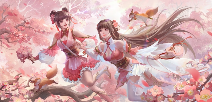 Two women and squirrels in a cherry blossom forest