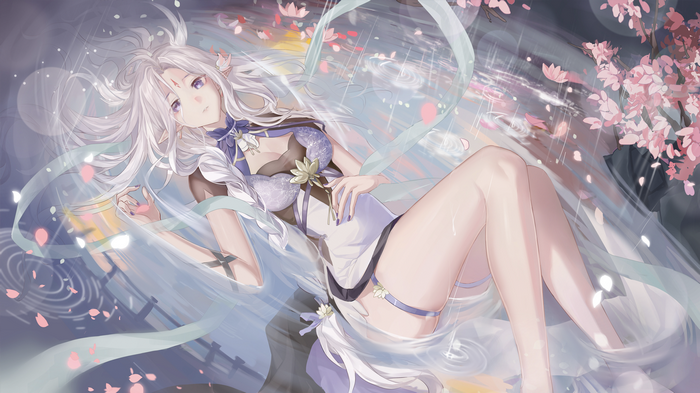 Anime girl with white hair in a Chinese dress