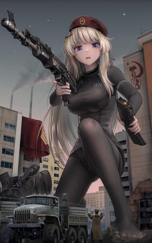 Girls Frontline blonde girl with AK-74M in urban setting