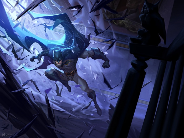 Batman in a dramatic leap surrounded by bats and broken glass