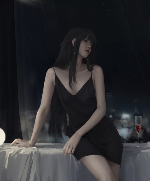 Fantasy girl in a black dress with wine