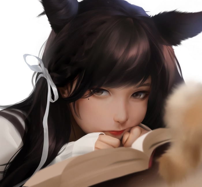 Fantasy girl with animal ears reading a book