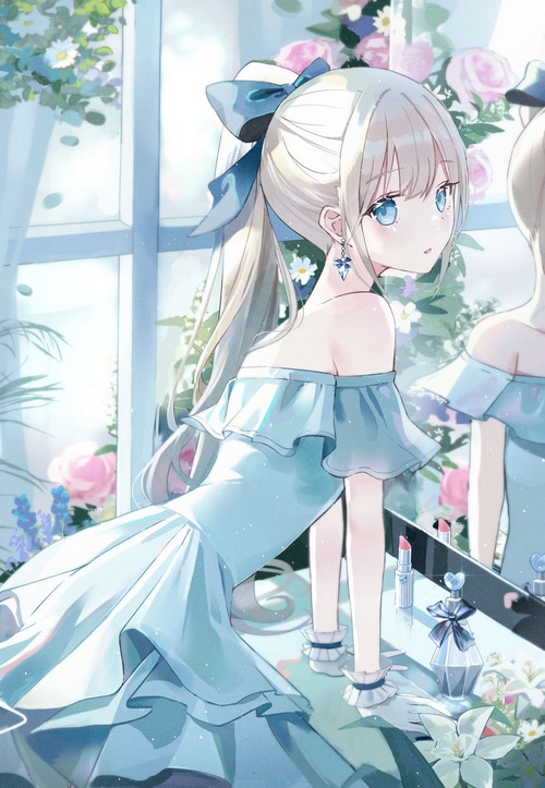 Anime girl with blue eyes and blonde ponytail in a blue dress