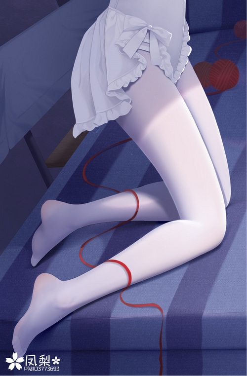 Woman in white pantyhose with red ribbon