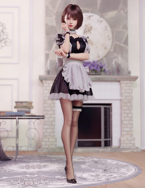 Maid outfit girl with high heels and pantyhose