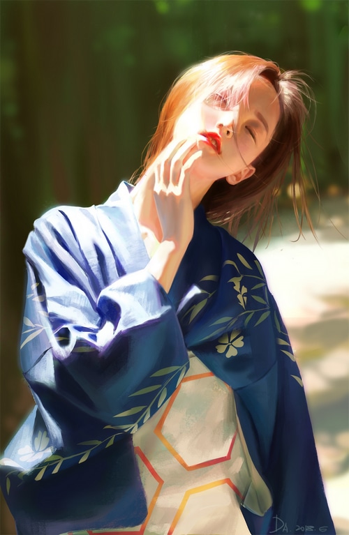 Woman in a blue yukata with floral patterns
