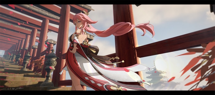 Yae Miko from Genshin Impact in a shrine