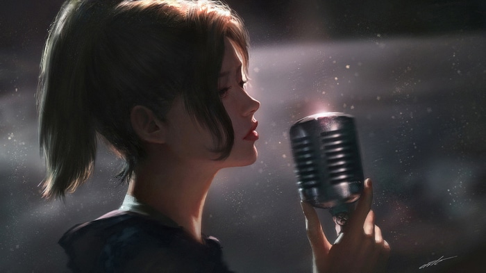 Girl singing into a vintage microphone