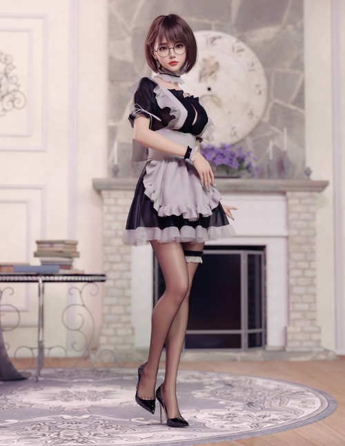 Maid outfit girl with glasses and high heels
