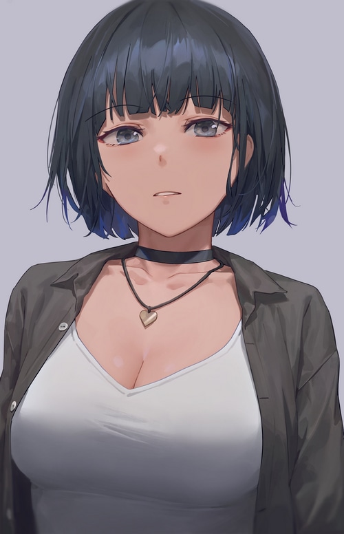 Anime girl with dark hair and heart necklace