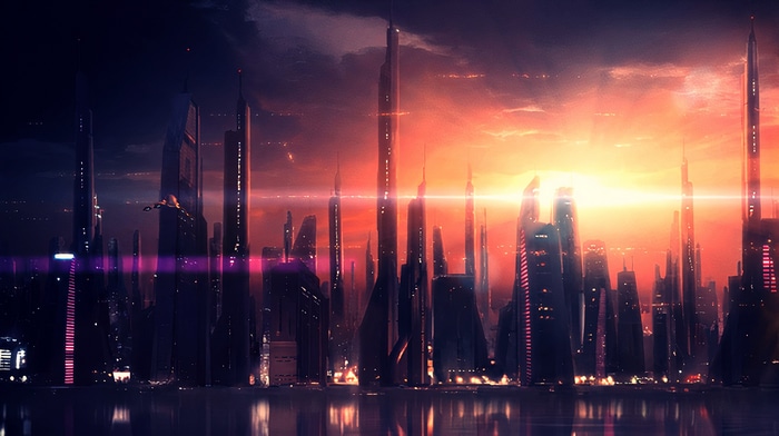 Mass Effect 2 futuristic city skyline at sunset