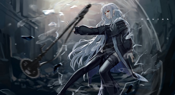 Anime girl with white hair holding a weapon
