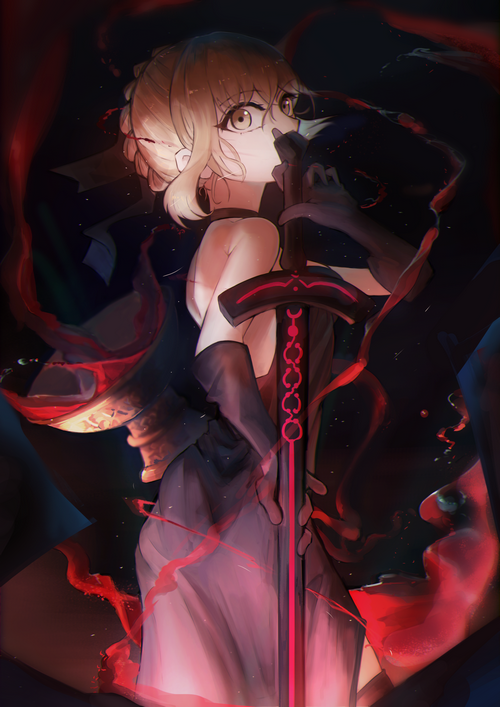 Saber Alter holding a sword with red ribbons