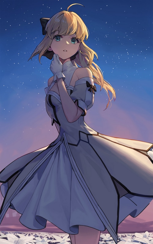 Saber Lily from Fate series in a dress under the stars
