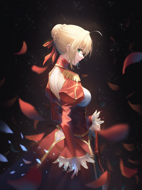 Nero Claudius from Fate/Extra surrounded by petals