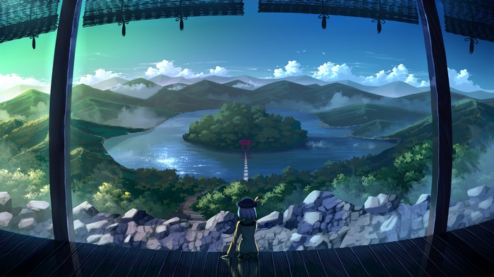 Komeiji Koishi looks at a lake with a torii gate