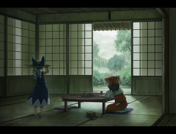 Cirno and Hakurei Reimu in a Japanese room