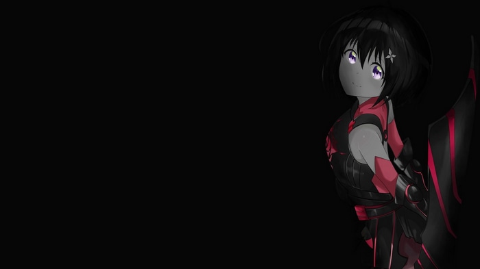 Anime girl with black hair and purple eyes in dark armor