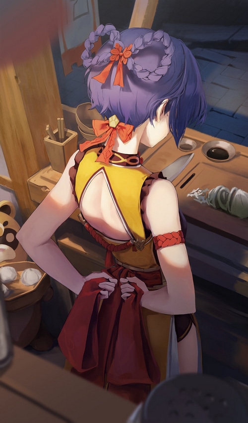 Xiangling in a kitchen holding a red cloth