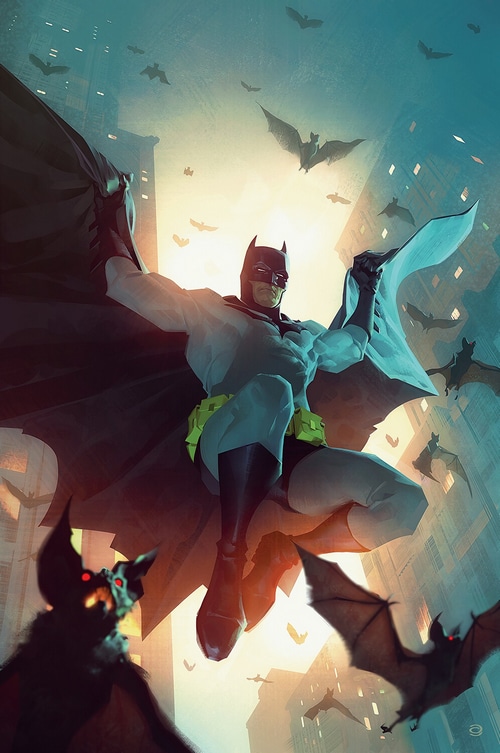 Batman and bats flying over city buildings