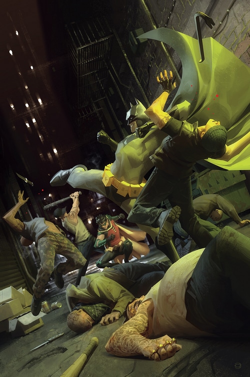 Batman and Robin fighting thugs in an alley