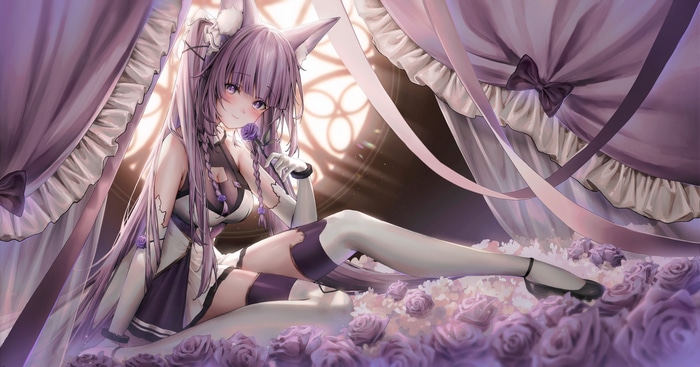 4K anime girl with fox ears and purple hair