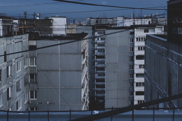 Russia, city, block of flats, buildings, wires