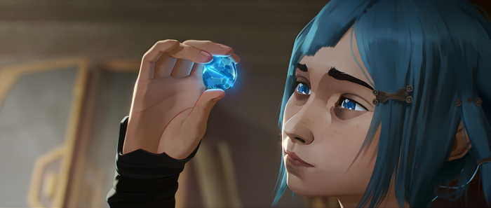 Jinx from Arcane holds a glowing blue crystal
