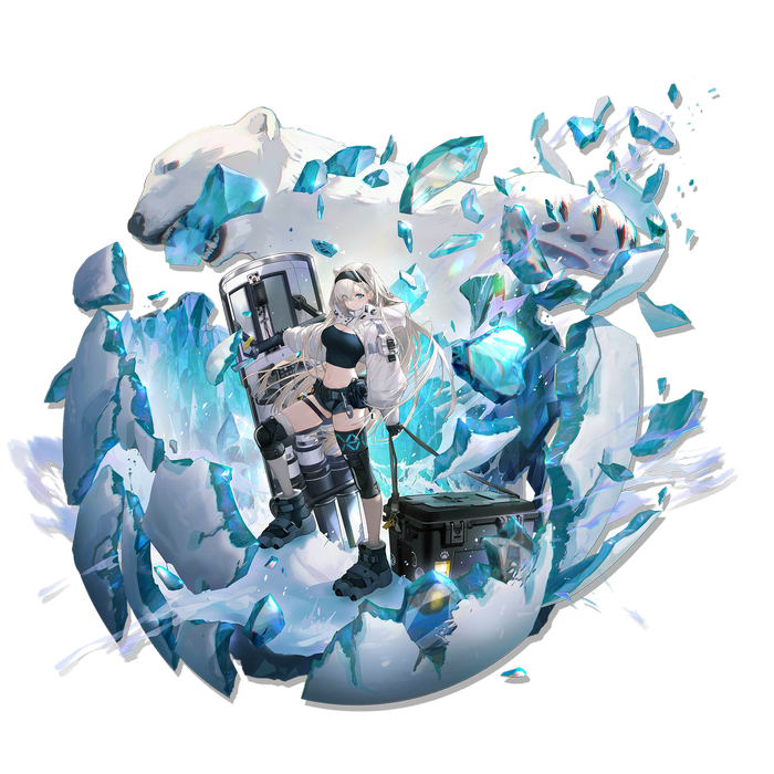 Aurora from Arknights with a polar bear and ice shards
