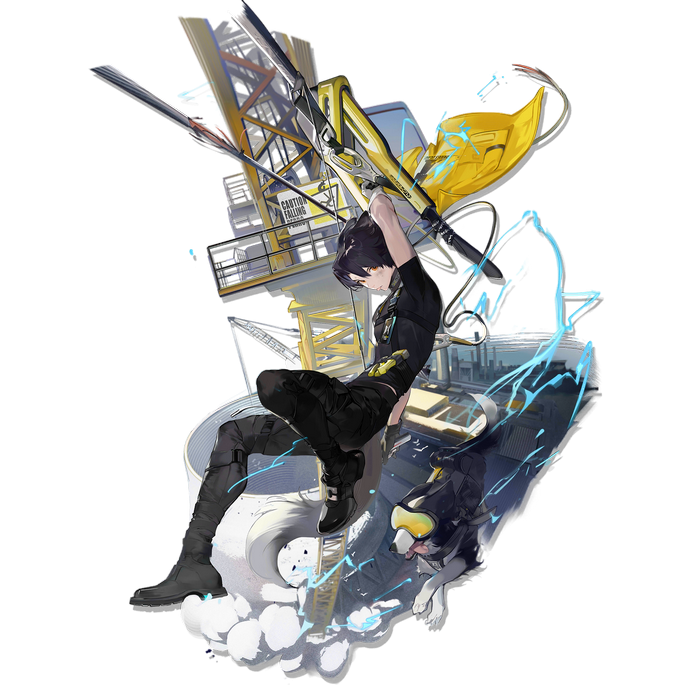 Arknights character with a dog and construction equipment