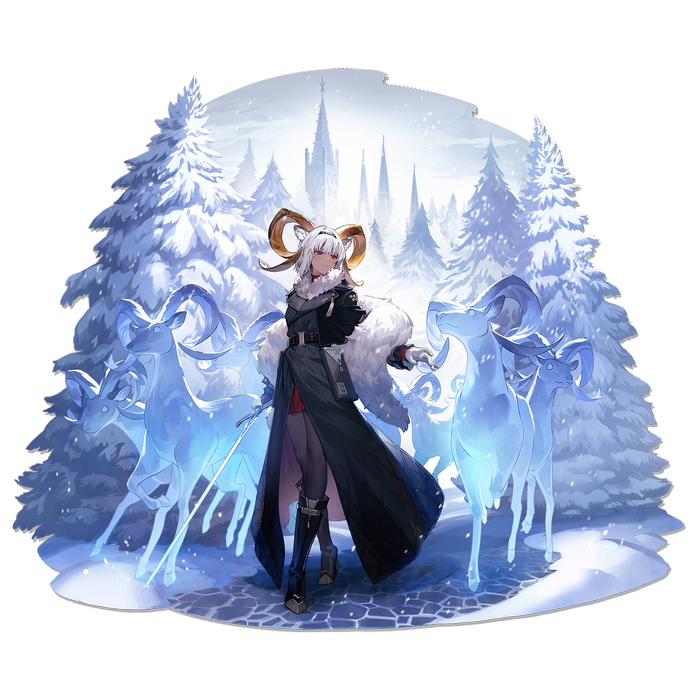 Arknights character with ice deer in a snowy forest