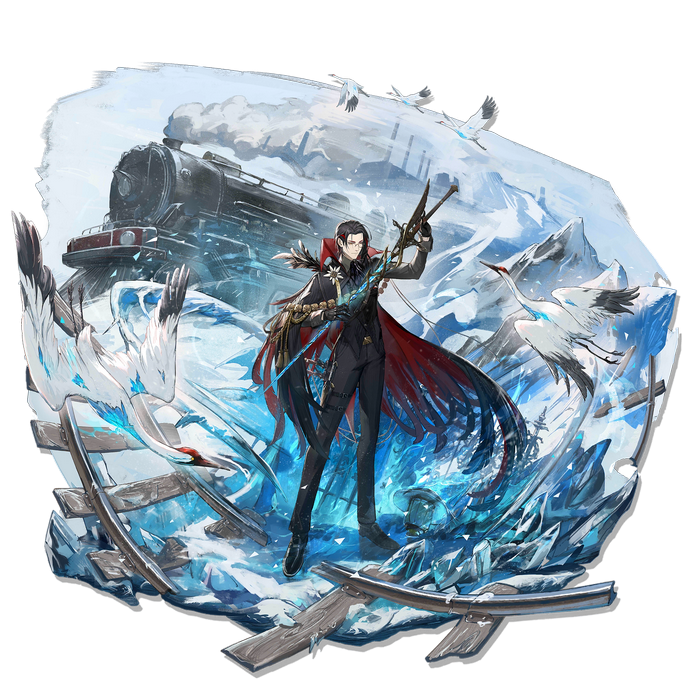 Arknights character with a train and cranes in snow