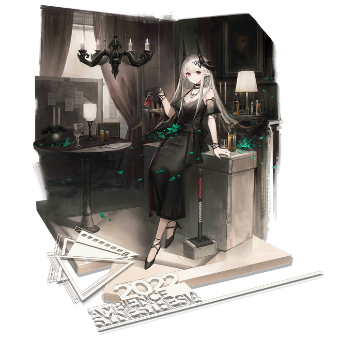 Arknights Mudrock in a dark room with 2022 Ambience Synthesia text