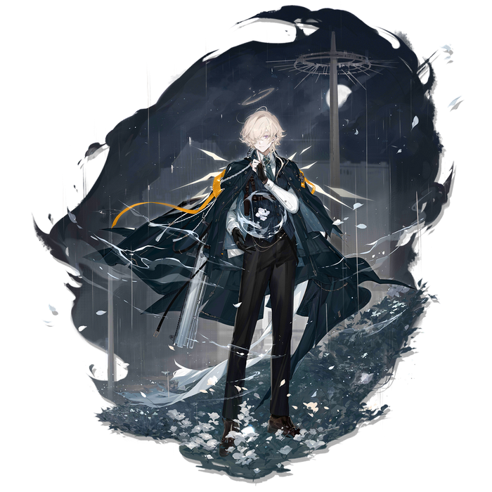 Arknights character with blonde hair and a cape