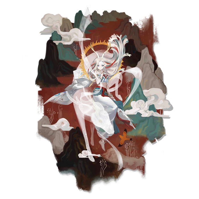 Fantasy girl with antlers and white hair in Arknights art style