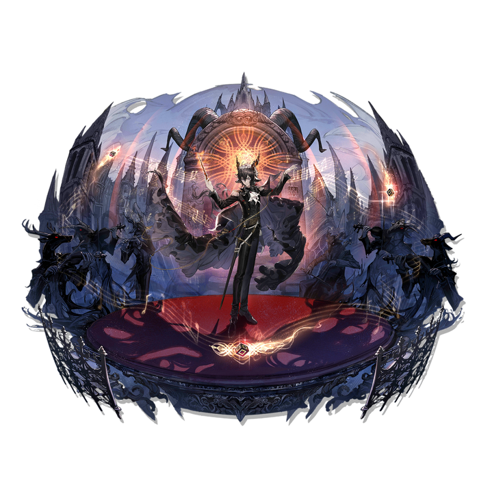 Arknights: Conductor with Demonic Figures and Gothic Architecture