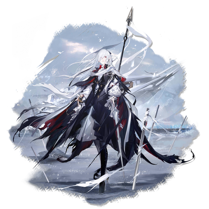 Arknights character with white hair and red eyes