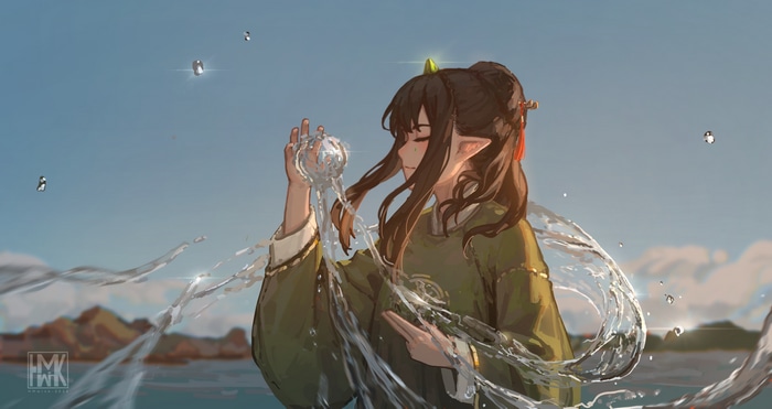 Yun Xi holding a water orb with water splashes