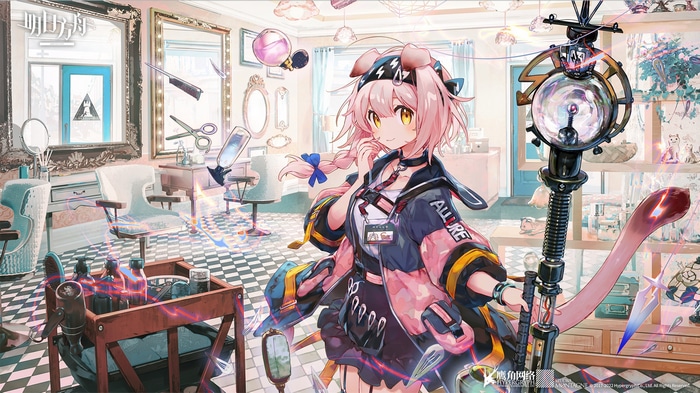 Arknights character in a hair salon with tools