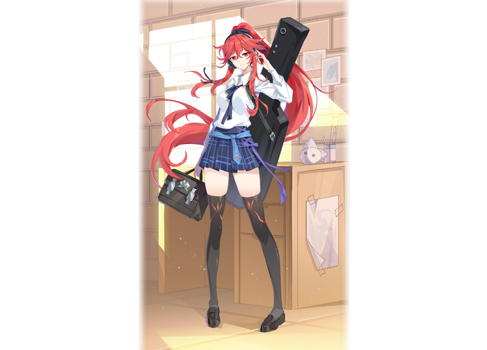 Redhead girl with guitar case and school uniform