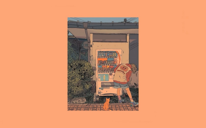 Girl at a vending machine with a cat