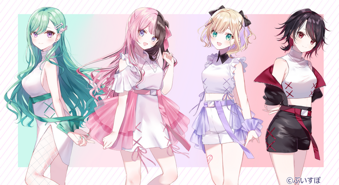 Four anime girls with colorful hair and outfits