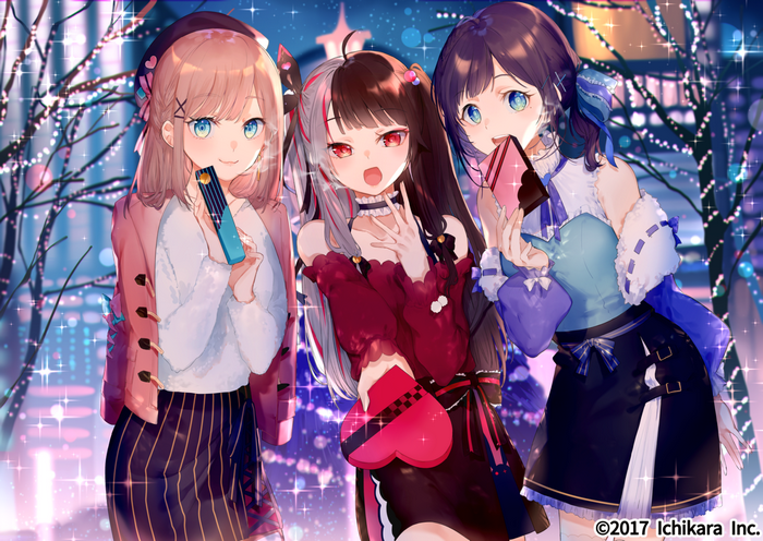 Three anime girls holding chocolates in a city at night