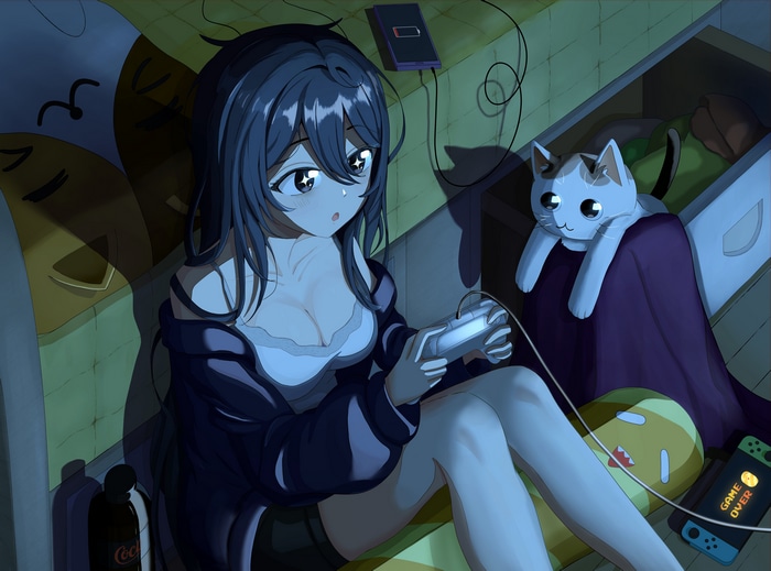 Girl playing Nintendo Switch with cat