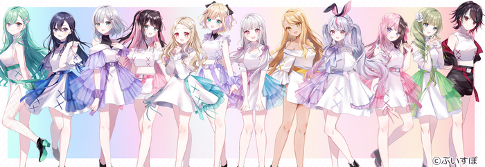 Group of anime girls in white dresses with colorful accents