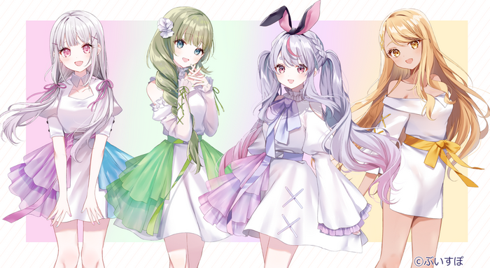 Four anime girls with different hair colors and dresses