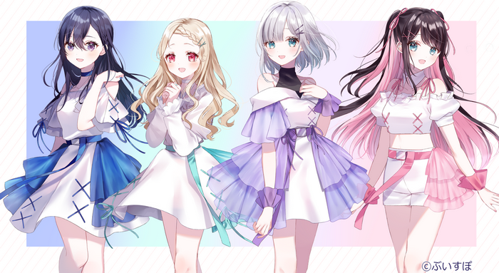 Four anime girls with different hair and eye colors